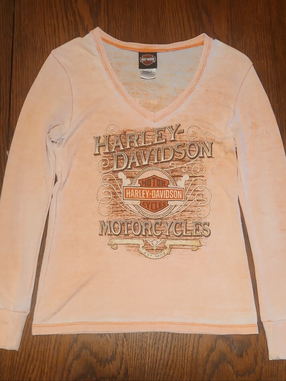 Harley-Davidson Peach Long Sleeve V-Neck Graphic Tee